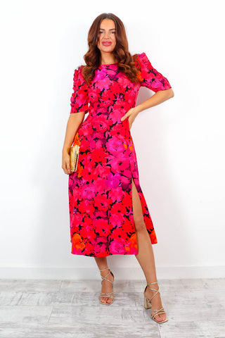 Law of The Jungle - Pink Red Floral Midi Dress