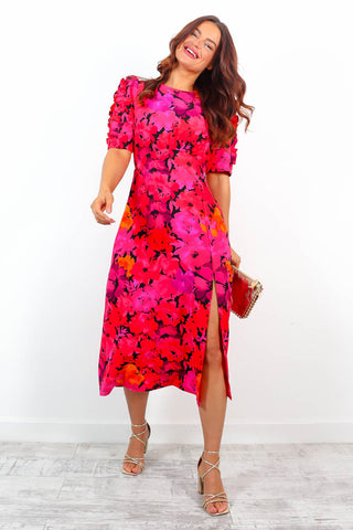 Law of The Jungle - Pink Red Floral Midi Dress