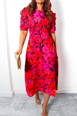 Law of The Jungle - Pink Red Floral Midi Dress