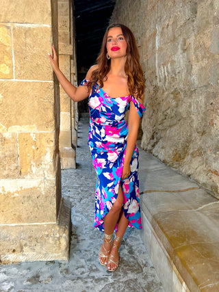 Epitome Of Elegance - Blue Pink Floral Midi Dress