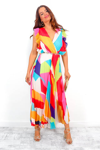 Mamma Mia -  Multi Abstract Print Pleated Maxi Dress