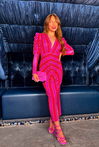I'd Want To Be Me Too - Pink Red Print Plunge Ruched Midi Dress