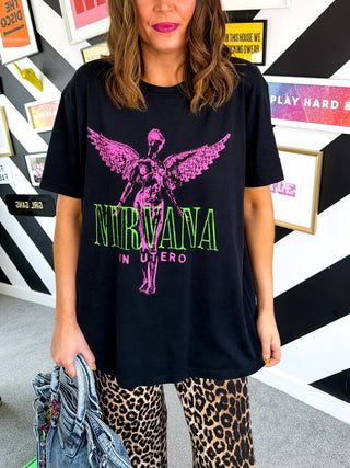 I'm With The Band - Pink & Green Nirvana Print T-shirt