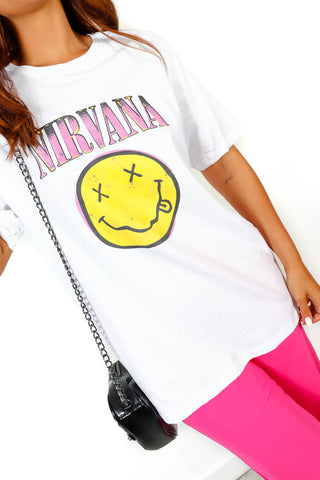 I'm With The Band White Yellow Smiley Nirvana Licensed T-Shirt