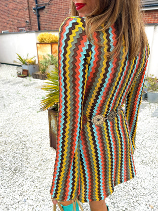 Ibiza Calling - Khaki Zig Zag Ring Plunge Neck Mini Dress