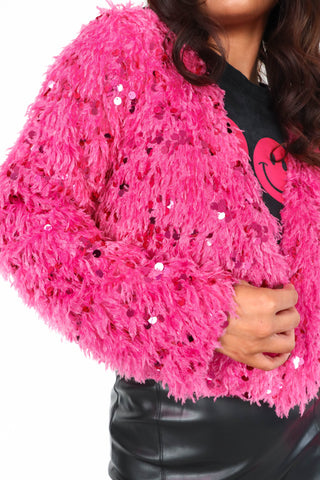 Inner Sparkle - Hot Pink Fluffy Sequin Cardigan