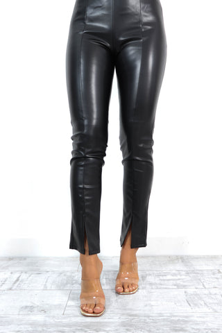 Its Now Or Leather - Black Split Leg Faux Leather Trousers