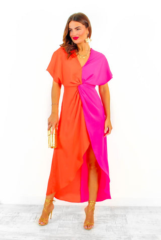 Knot In Love - Orange Pink Spliced Maxi Dress