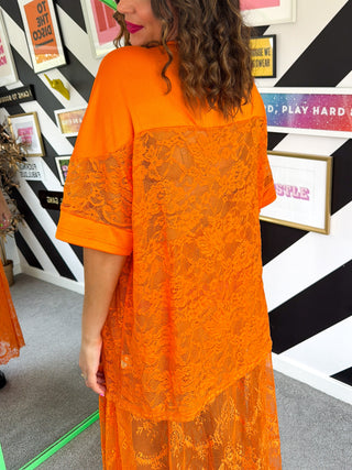 Lace Expectations - Orange Lace Varsity Top