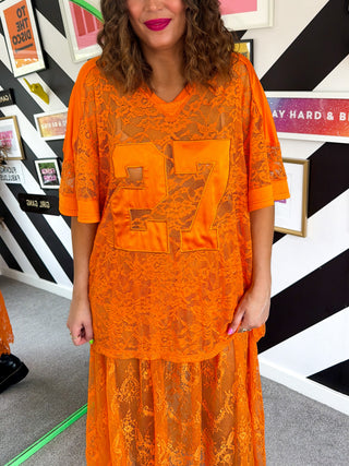 Lace Expectations - Orange Lace Varsity Top