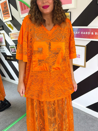 Lace Expectations - Orange Lace Varsity Top