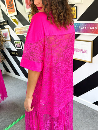 Lace Expectations - Pink Lace Varsity Top