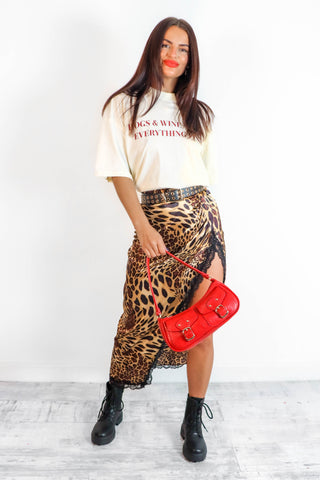 Lace Off - Beige Leopard Split Leg Midi Skirt