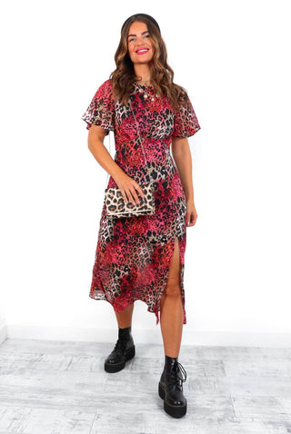 Lets Split - Red Multi Leopard Midi Dress