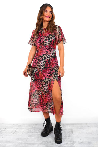 Lets Split - Red Multi Leopard Midi Dress