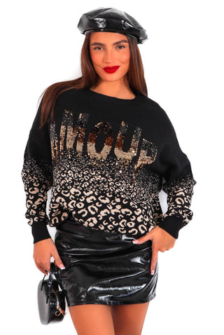 Long Lost Love - Black Amour Sequin Leopard Knitted Jumper