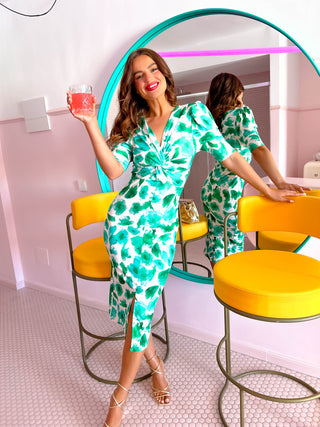 Love You Knots - Green Printed Knot Front Midi Dress