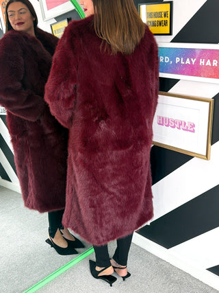 Make An Entrance - Burgundy Faux Fur Coat