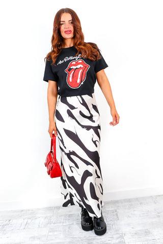 Make It Satin - Black White Abstract Midi Slip Skirt
