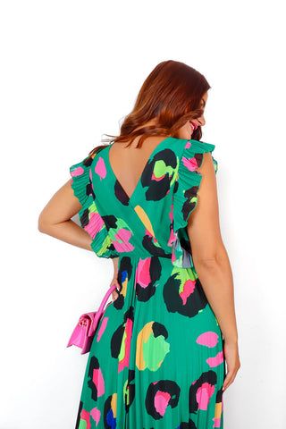 Mamma Mia - Forest Neon Leopard Pleated Maxi Dress