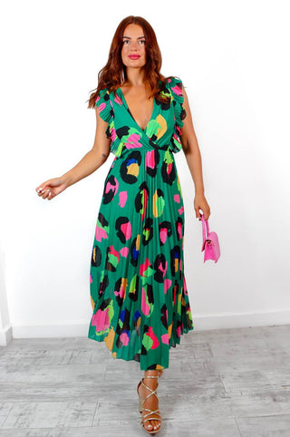 Mamma Mia - Forest Neon Leopard Pleated Maxi Dress