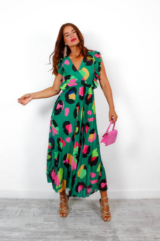 Mamma Mia - Forest Neon Leopard Pleated Maxi Dress