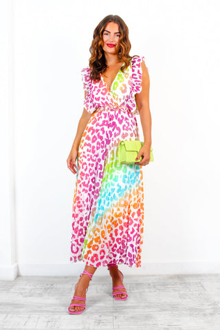 Mamma Mia - White Multi Ombre Leopard Pleated Maxi Dress