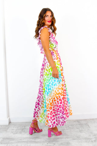 Mamma Mia - White Multi Ombre Leopard Pleated Maxi Dress