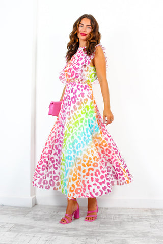 Mamma Mia - White Multi Ombre Leopard Pleated Maxi Dress