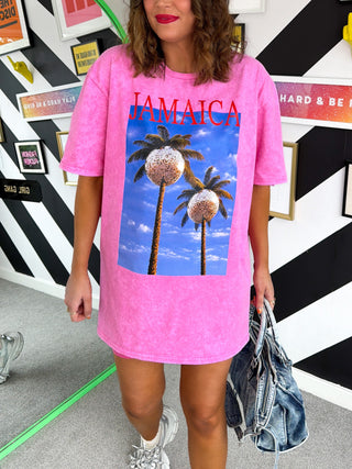Meet Me In Jamaica - Pink Acid Wash Jamaica Print T-shirt
