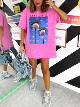Meet Me In Jamaica - Pink Acid Wash Jamaica Print T-shirt