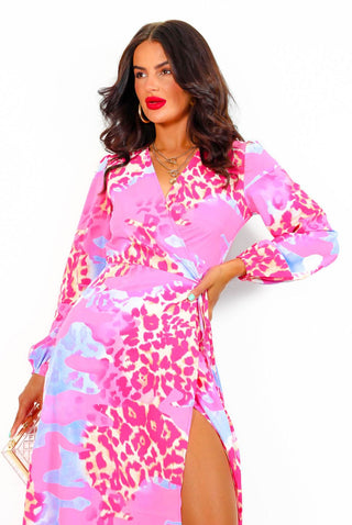 Modern Love - Fuchsia Lilac Leopard Midi Wrap Dress
