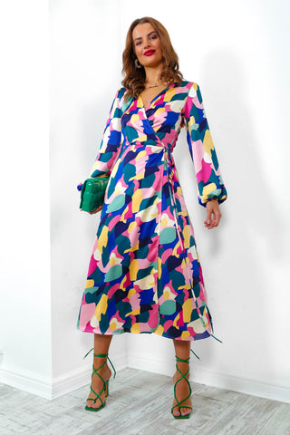 Modern Love - Pink Abstract Midi Wrap Dress