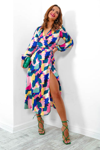 Modern Love - Pink Abstract Midi Wrap Dress