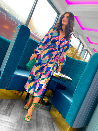 Modern Love - Pink Abstract Midi Wrap Dress