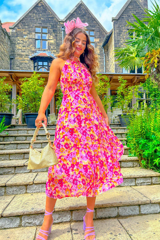 More Than A Woman - Pink Floral Pleated Halter Neck Midi Dress
