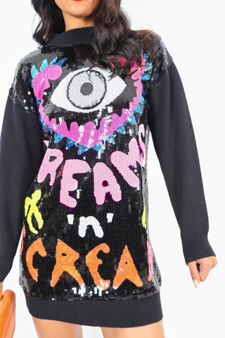 More Than Dreams - Black Multi Printed Sequin Knitted Dress