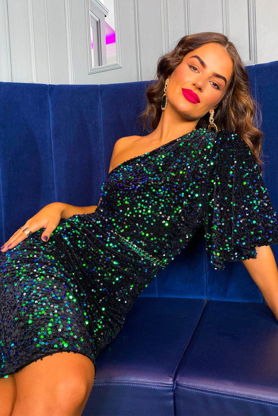 Never Looked Better - Blue Green Sequin One Shoulder Midi Dress OVER-DRESSED Never Looked Better - Blue Green Sequin One Shoulder Midi Dress OVER-DRESSED
