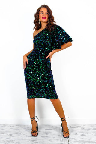 Never Looked Better - Blue Green Sequin One Shoulder Midi Dress