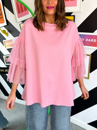 Never Tulle Late - Pink Ruffle Sleeve T-Shirt