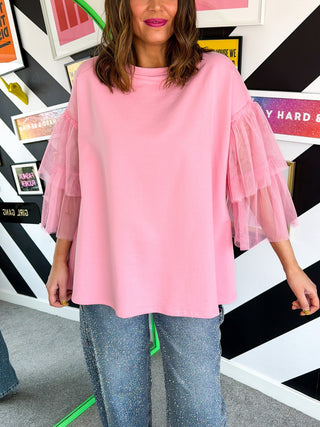 Never Tulle Late - Pink Ruffle Sleeve T-Shirt