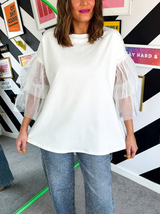 Never Tulle Late - White Ruffle Sleeve T-Shirt
