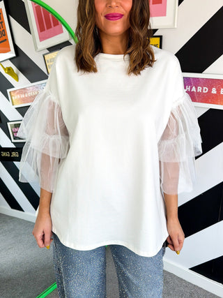 Never Tulle Late - White Ruffle Sleeve T-Shirt