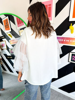 Never Tulle Late - White Ruffle Sleeve T-Shirt