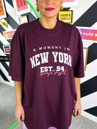 New Your State Of Mind - Burgundy New York Print Oversized T-shirt