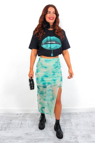 No Meshing - Green Tie Dye Ruched Midi Skirt