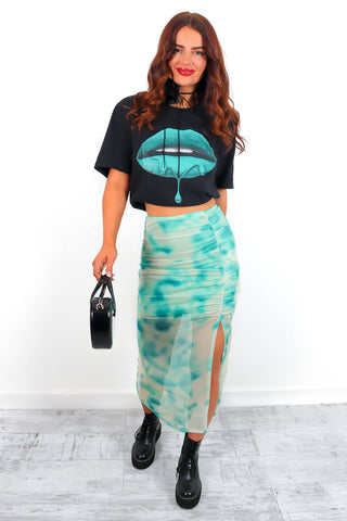 No Meshing - Green Tie Dye Ruched Midi Skirt
