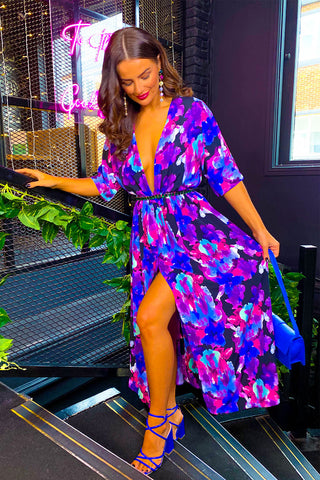 Nothing Bud Love - Black Purple Floral Midi Dress