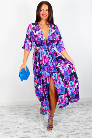 Nothing Bud Love - Black Purple Floral Midi Dress