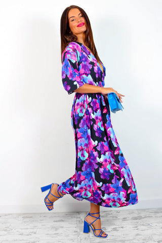 Nothing Bud Love - Black Purple Floral Midi Dress